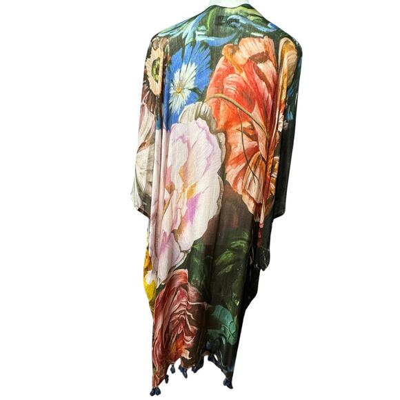 Signals Boho Tassel Hem 100% Modal Kimono Women One Size Large Scale Floral - Picture 7 of 12